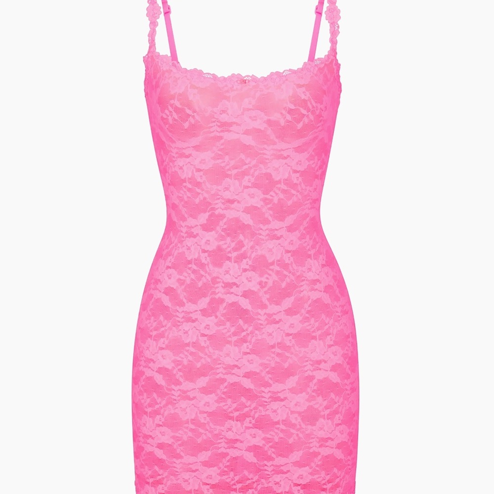SKIMS Pink Lace Chemise with Spaghetti Straps